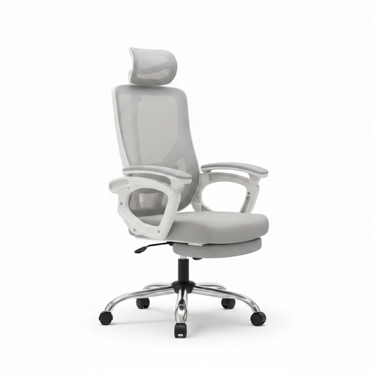 Ergonomická polohovací židle s čalouněným sedákem, síťované opěradlo, opěrka hlavy a podnožka