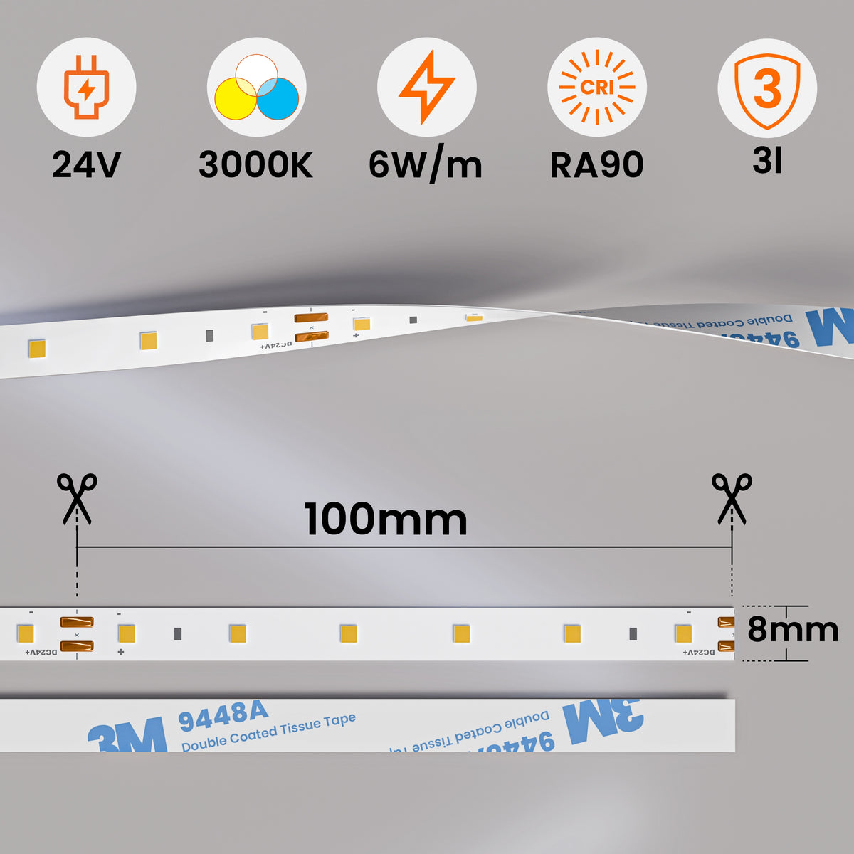 Bílý LED pásek 24 V, 3000 K, 1 m – teplá bílá