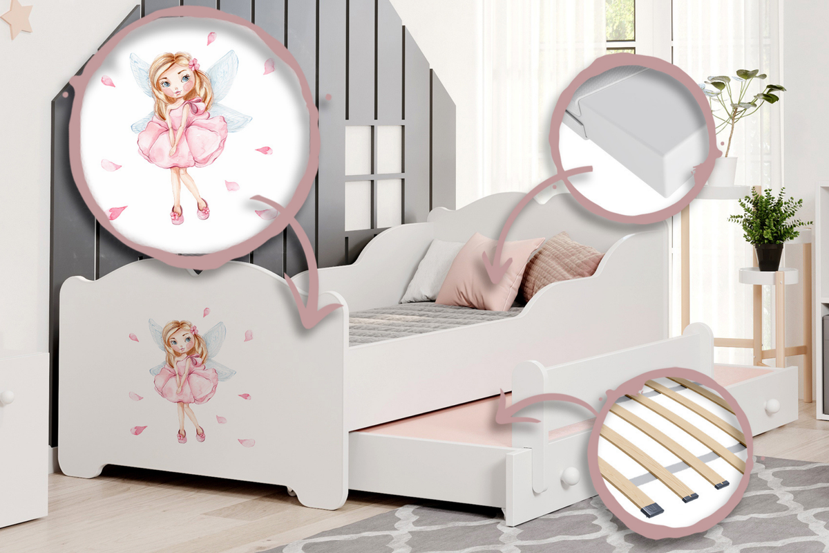 Dětská postel se dvěma lůžky ANNA 160 × 80 cm s úložným šuplíkem – motiv dívka s křídly