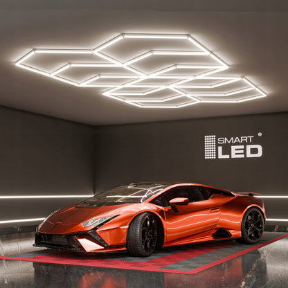 LED HEXAGON osvětlení do garáže 616 W, 482 × 279 cm