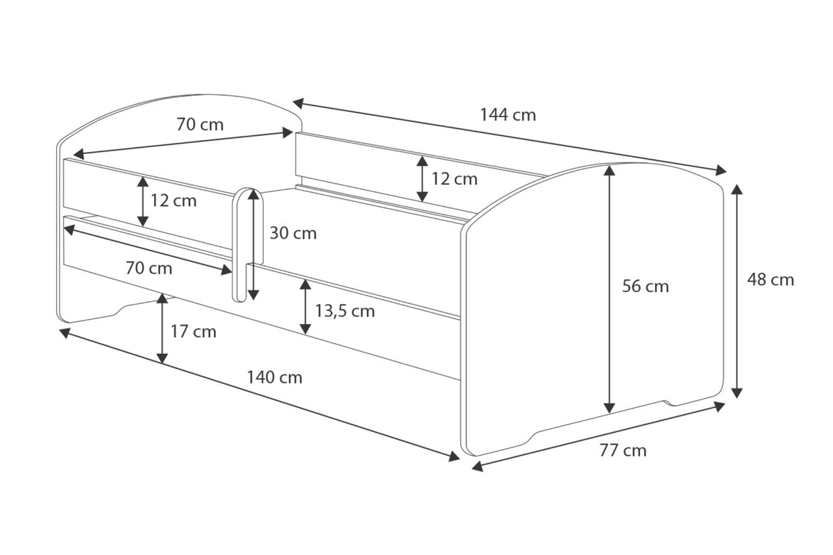 Dětská postel LUK 140 × 70 cm s úložným šuplíkem a ochrannou zábranou – motiv princezna s korunkou