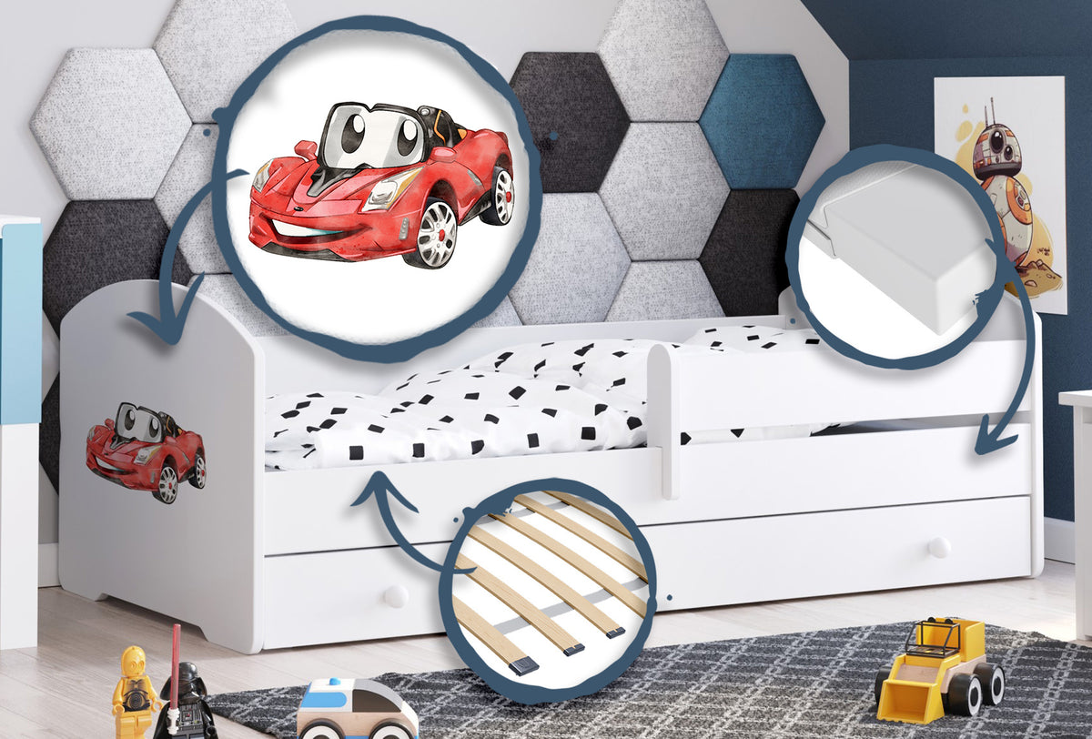 Dětská postel LUK 160 × 80 cm s úložným šuplíkem a ochrannou zábranou – motiv závodní auto