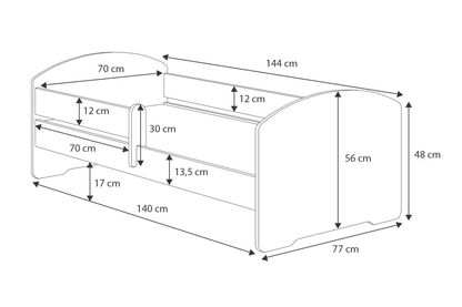 Dětská postel LUK 140 × 70 cm s úložným šuplíkem a ochrannou zábranou – motiv slůně