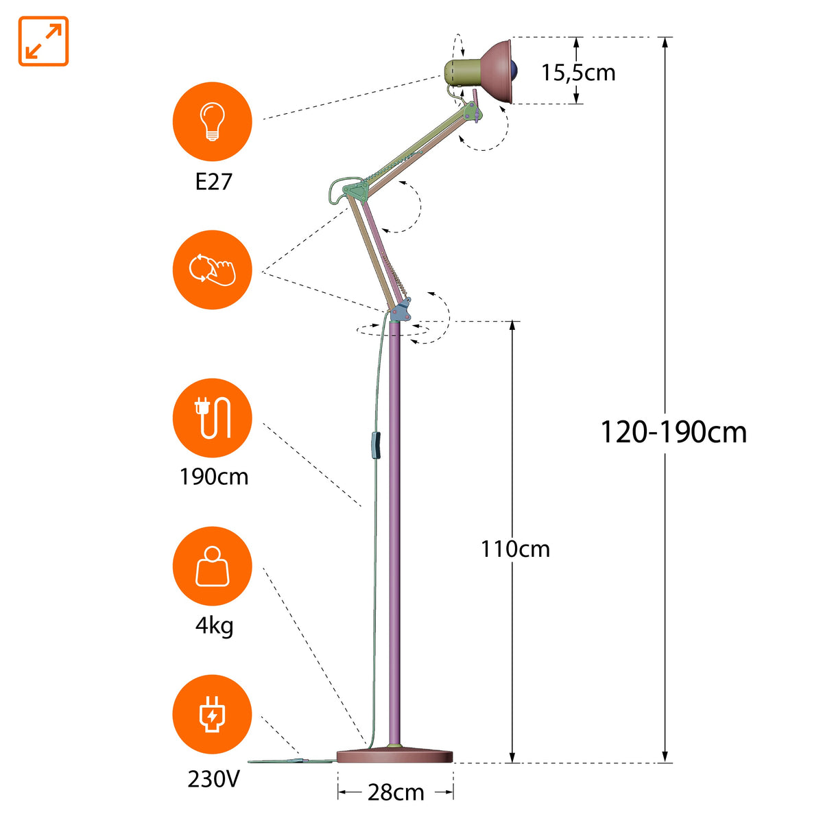 Mátová stojací lampa E27 190 cm, nastavitelná