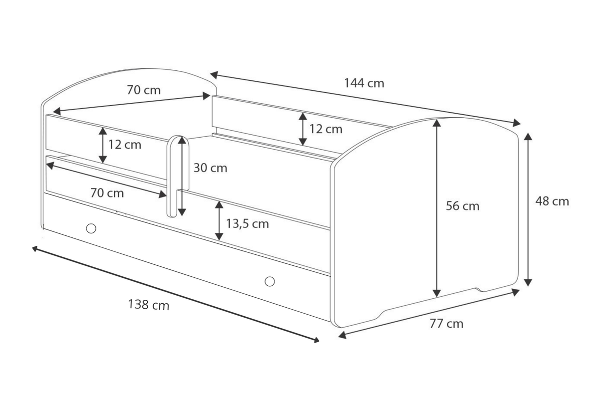Dětská postel LUK 140 × 70 cm s úložným šuplíkem a ochrannou zábranou – motiv dinosauři