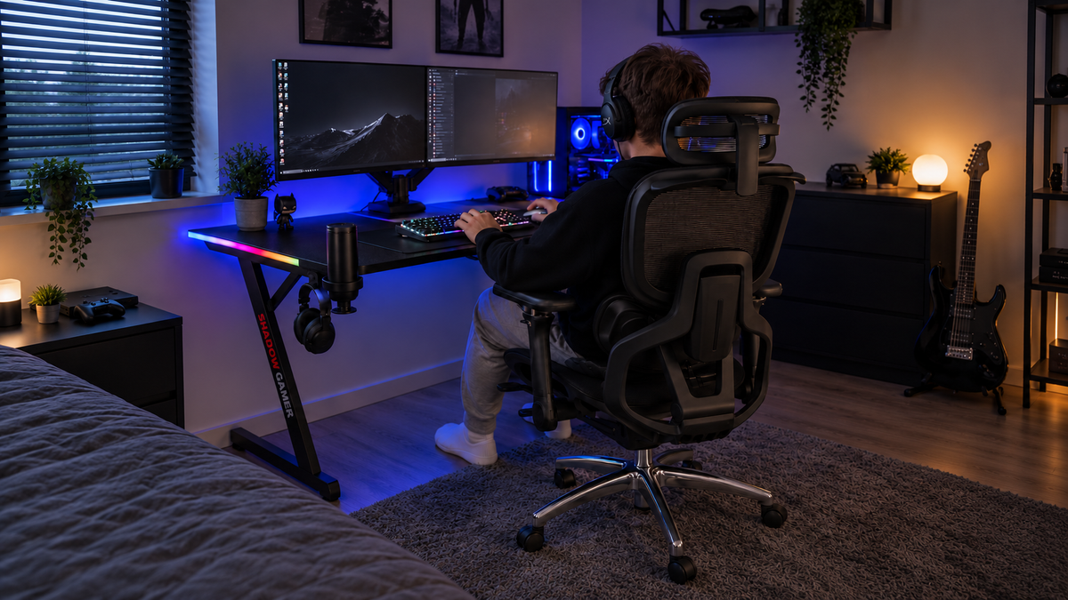 Herní setup s černou AirFlow Pro a stolem GAMER 2.0 s RGB