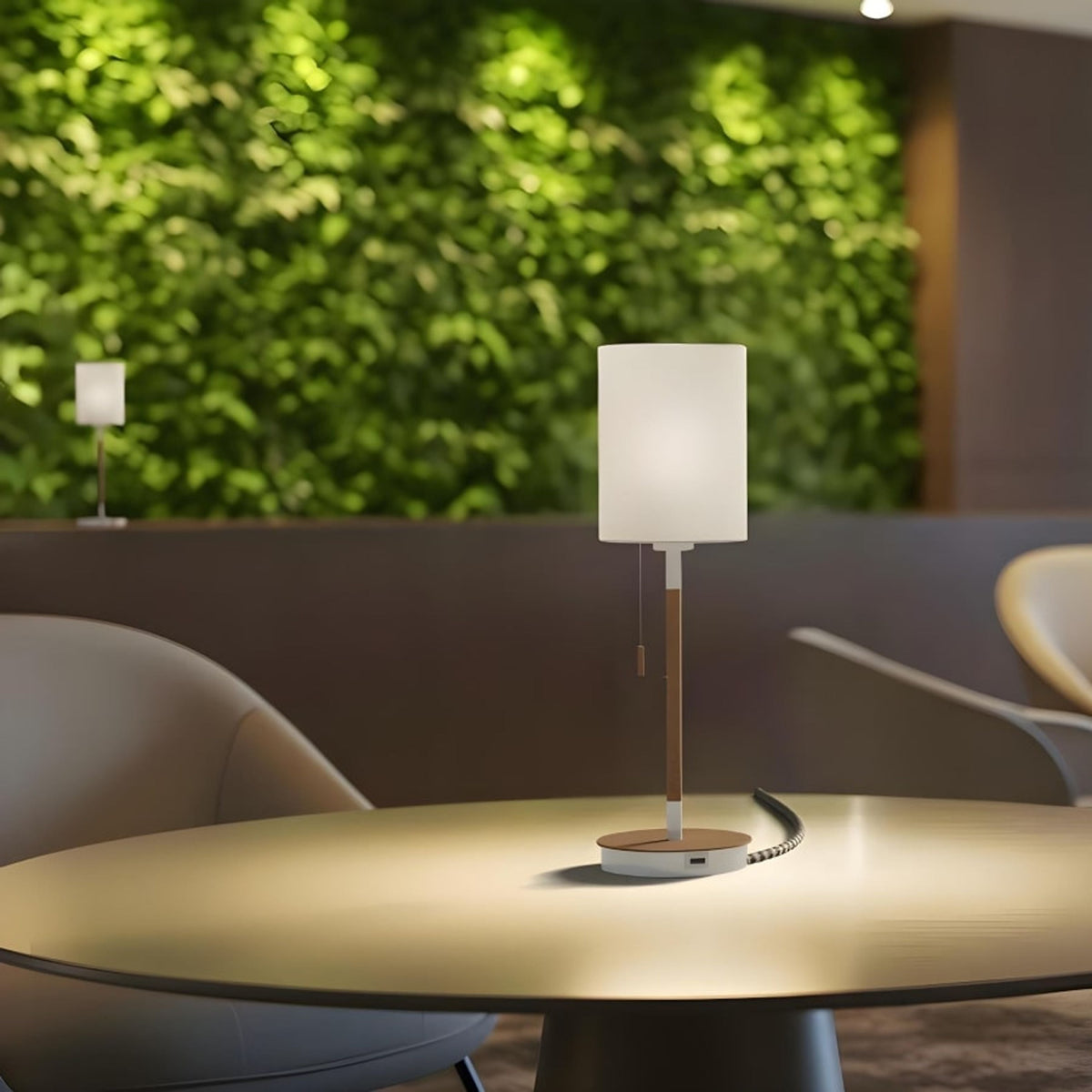 Stolní lampa KEITH/RON 15/20 s USB, stínidlo Polycotton bílé, podstavec buk, patice E27, 15 W