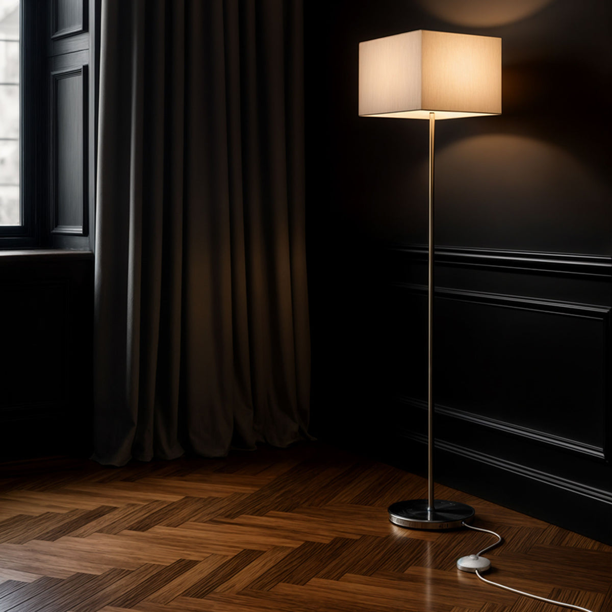 Stojací lampa NYC/TEMPO 30/19, stínidlo Polycotton bílé, podstavec chrom, patice E27, 15 W