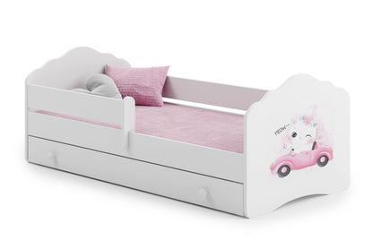 Dětská postel FALA 140 × 70 cm s úložným šuplíkem a ochrannou zábranou – motiv kočka
