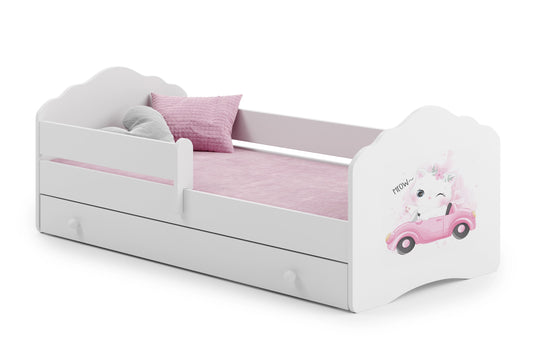 Dětská postel FALA 140 × 70 cm s úložným šuplíkem a ochrannou zábranou – motiv kočka