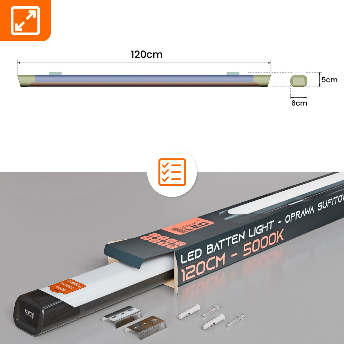 Průmyslové LED svítidlo 60 W, 7200 lm, 120 cm