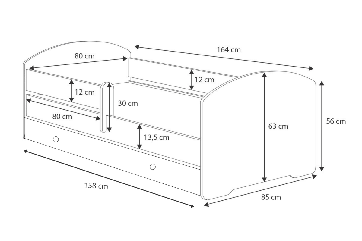 Dětská postel LUK 160 × 80 cm s úložným šuplíkem a ochrannou zábranou – motiv dinosauři