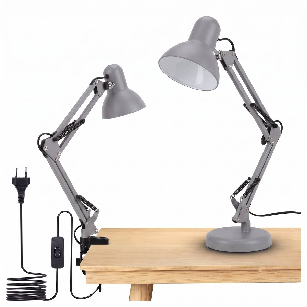 Šedá stolní lampa E27, nastavitelná, s klipsem
