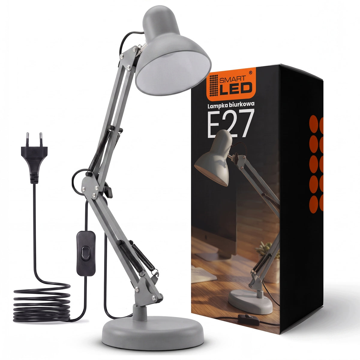 Šedá stolní lampa E27, nastavitelná, s klipsem