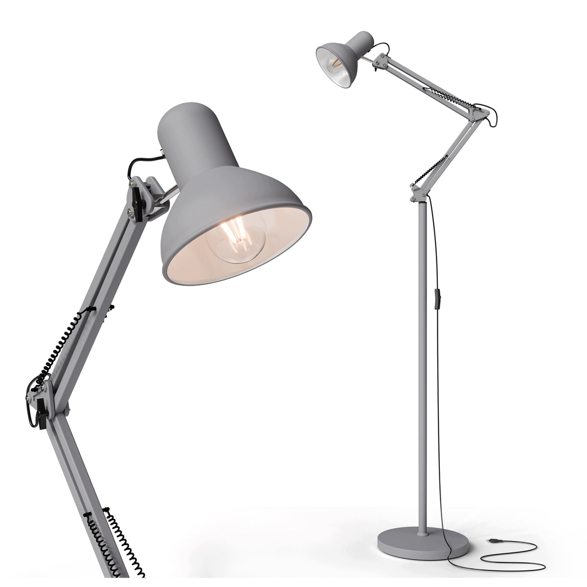 Šedá stojací lampa E27 190 cm, nastavitelná
