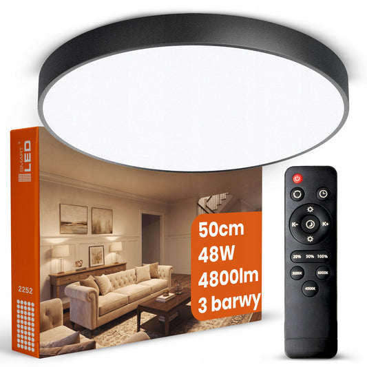 Černé kulaté stropní LED svítidlo 48 W, 4800 lm, 50 cm, CCT, 3 režimy barvy světla, IP20
