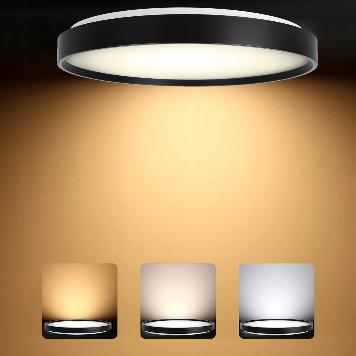 Černé kulaté stropní LED svítidlo, 3 režimy barvy světla