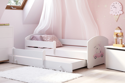 Dětská postel se dvěma lůžky LUK 160 × 80 cm s úložným šuplíkem a ochrannou zábranou – motiv kočka
