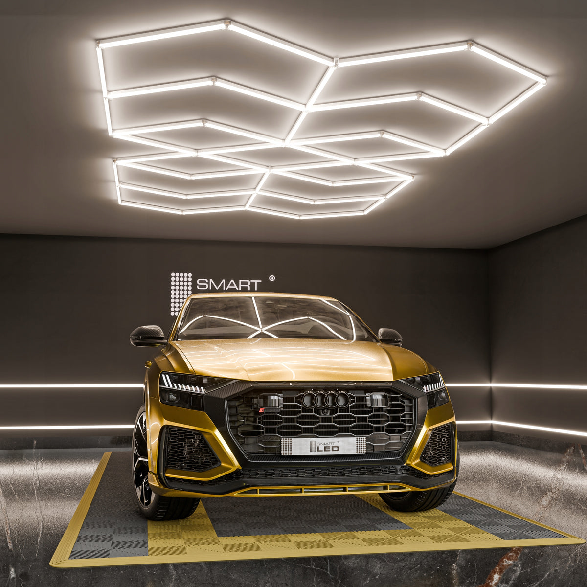 LED HEXAGON osvětlení do garáže 616 W, 482 × 279 cm