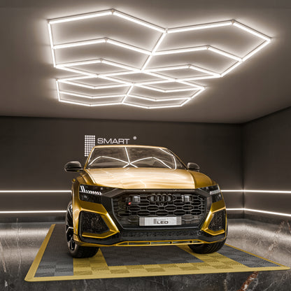 LED HEXAGON osvětlení do garáže 616 W, 482 × 279 cm