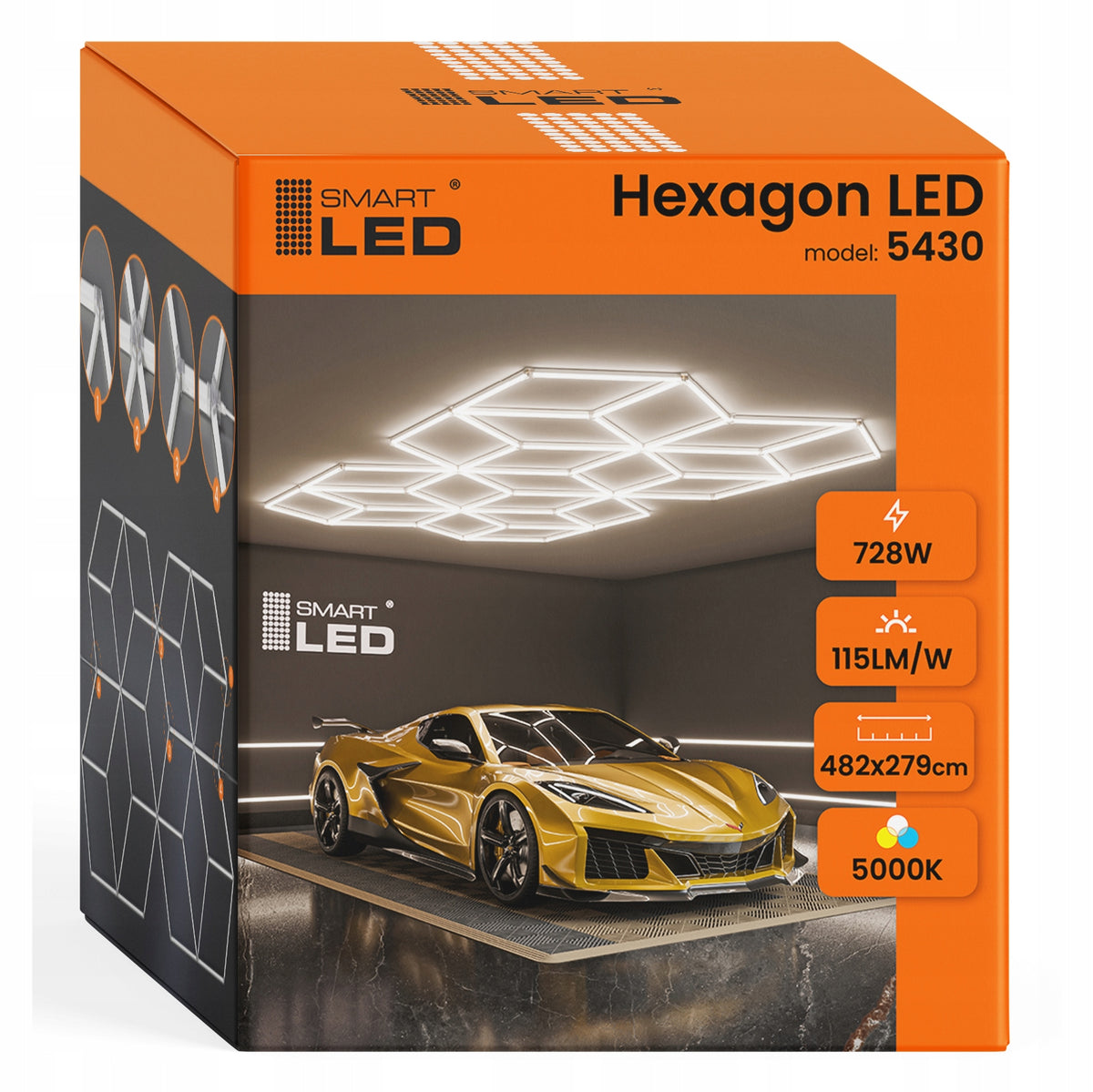 LED HEXAGON osvětlení do garáže 728 W, 482 × 279 cm