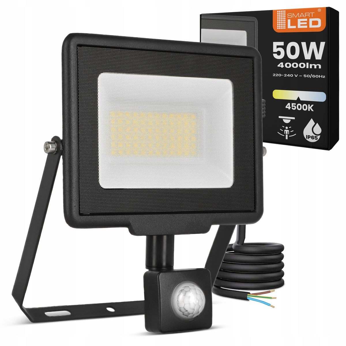 LED reflektor s PIR čidlem 50 W, 4000 lm, neutrální bílá 4500 K, IP65, 230 V