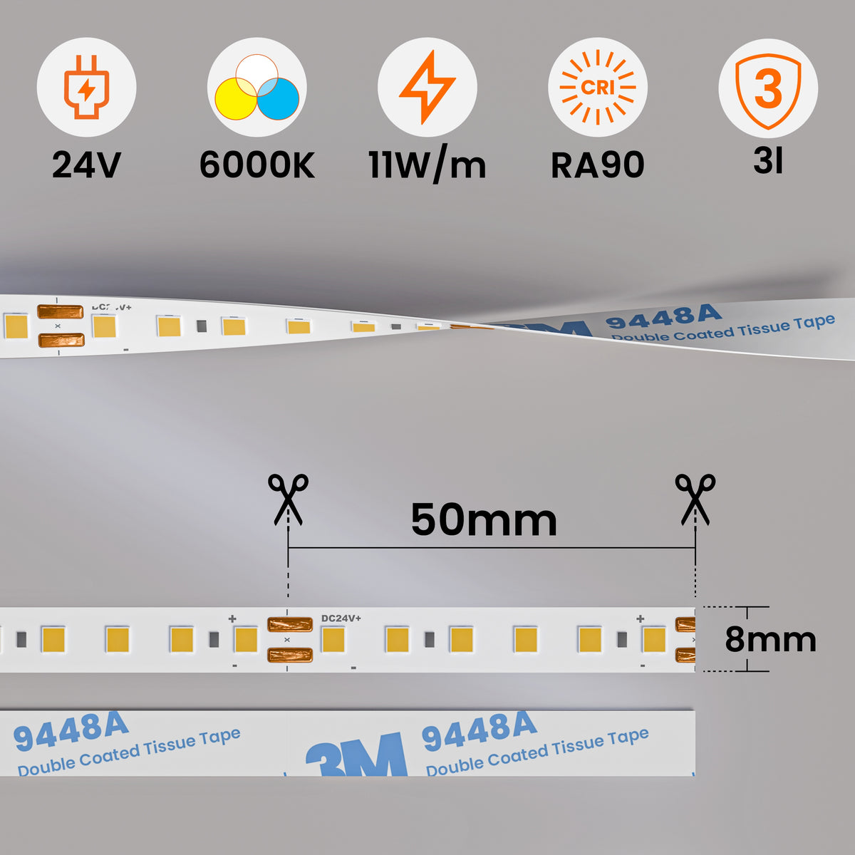 Bílý LED pásek 24 V, 6000 K, 1 m – studená bílá