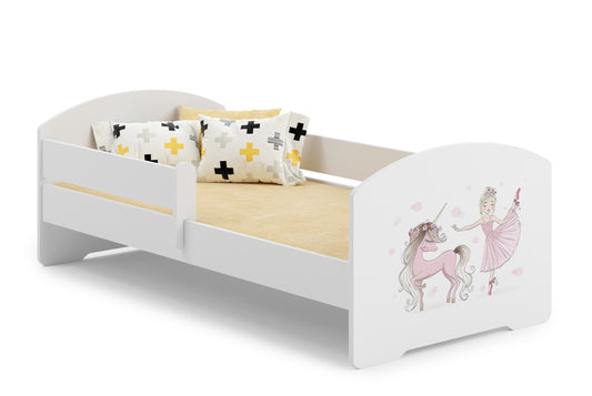Dětská postel LUK 160 × 80 cm s ochrannou zábranou – motiv dívka s jednorožcem