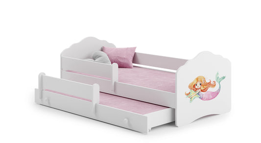 Dětská postel se dvěma lůžky FALA 160 × 80 cm s úložným šuplíkem a ochrannou zábranou – motiv mořská víla