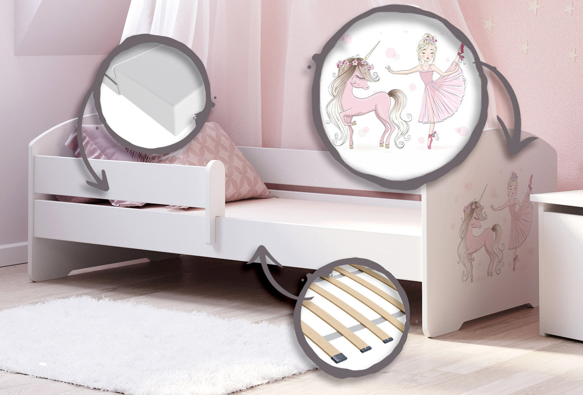 Dětská postel LUK 160 × 80 cm s ochrannou zábranou – motiv dívka s jednorožcem