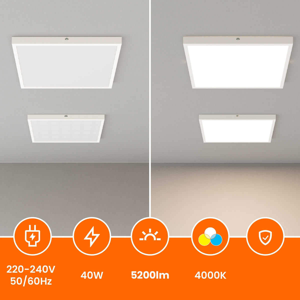 Přisazený LED panel 40 W, 5200 lm, 60 × 60 cm