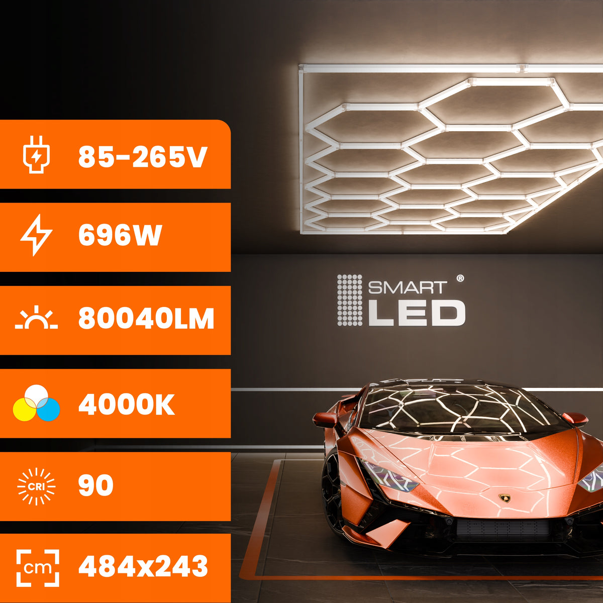 LED HEXAGON osvětlení do garáže 484 × 243 cm