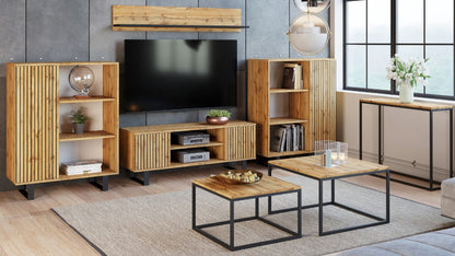 TV stolek FOCUS 155 cm – dub Craft zlatý, loftový styl, lamelový dekor