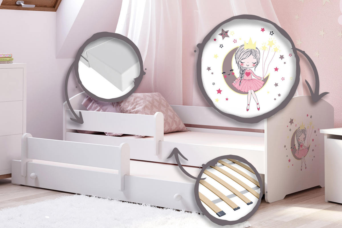 Dětská postel se dvěma lůžky LUK 160 × 80 cm s úložným šuplíkem a ochrannou zábranou – motiv spící princezna