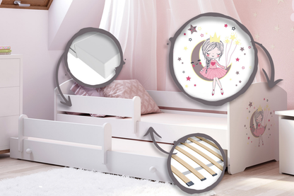 Dětská postel se dvěma lůžky LUK 160 × 80 cm s úložným šuplíkem a ochrannou zábranou – motiv spící princezna