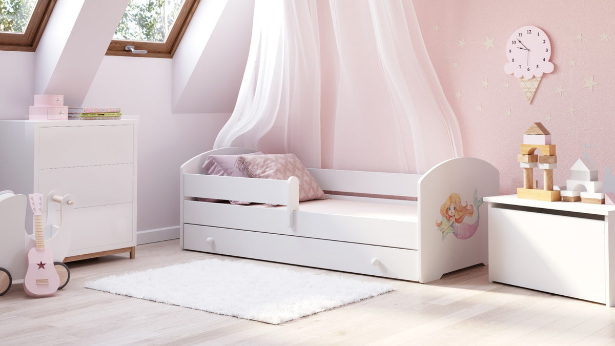 Dětská postel LUK 160 × 80 cm s úložným šuplíkem a ochrannou zábranou – motiv mořská víla