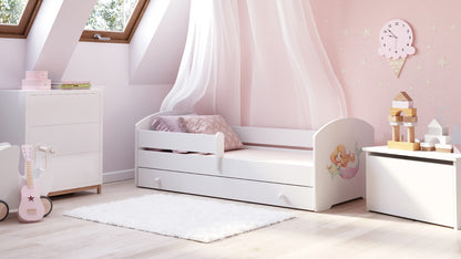 Dětská postel LUK 160 × 80 cm s úložným šuplíkem a ochrannou zábranou – motiv mořská víla