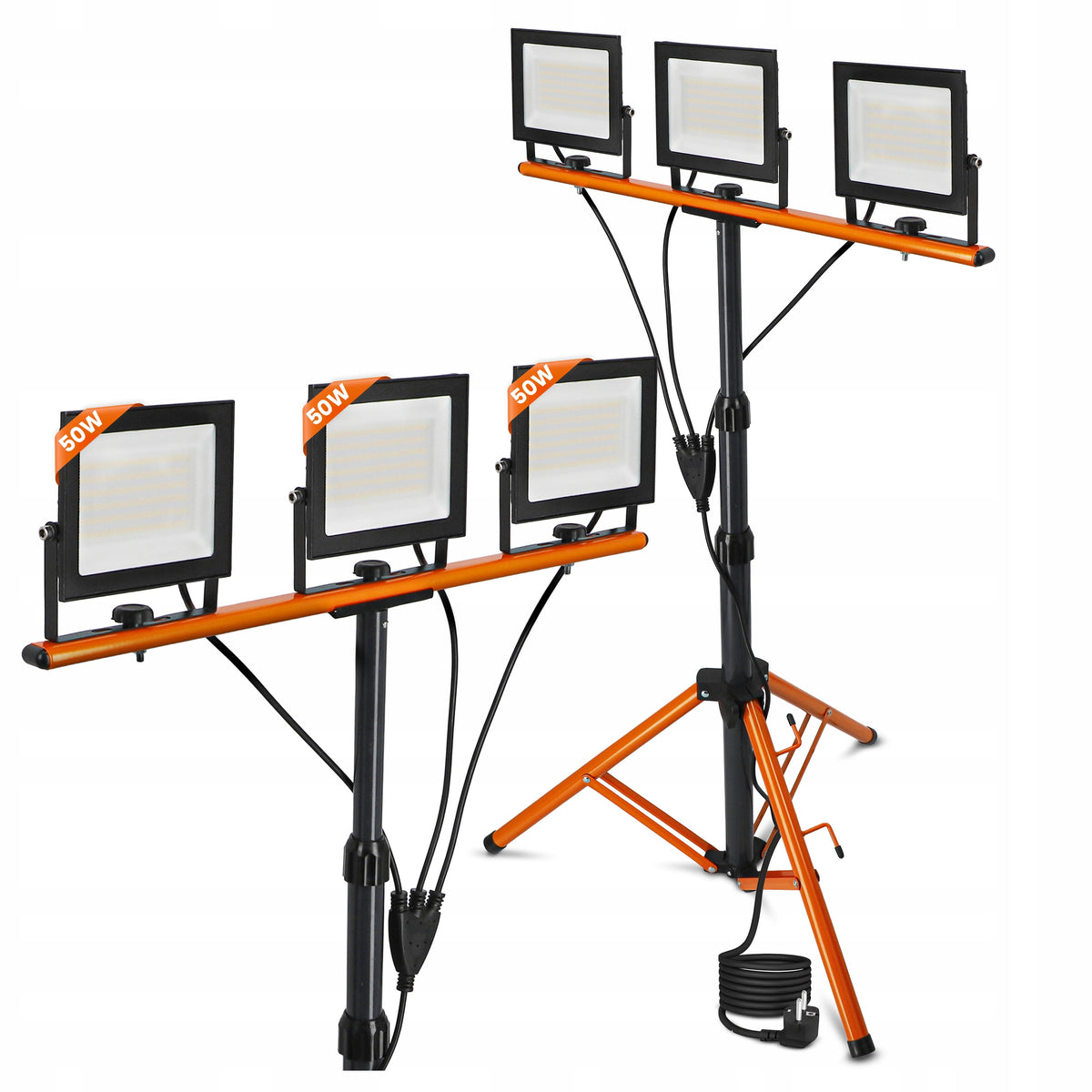 LED pracovní reflektor na stativu 3 × 50 W, 16 500 lm, 4500 K, IP65, výška 180 cm