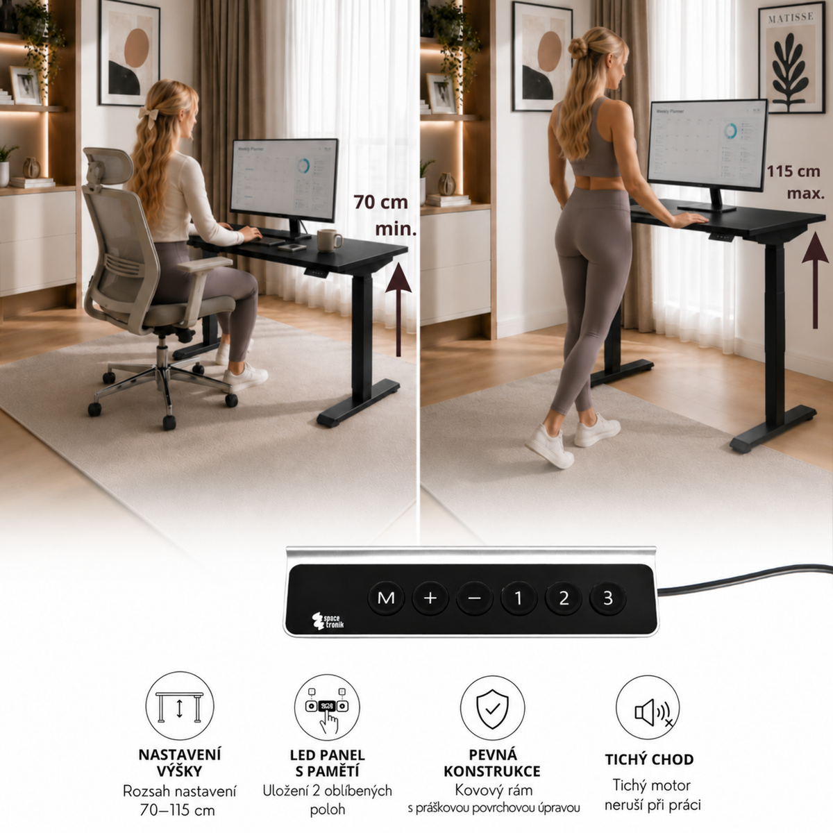 FLEXI – elektrické nastavení výšky 70–115 cm, ovládání s pamětí, pevná konstrukce a tichý chod