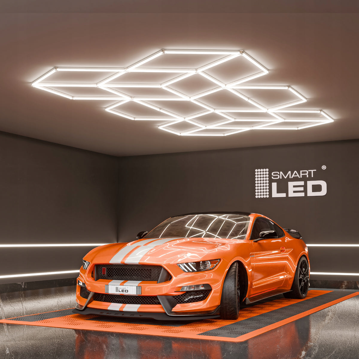 LED HEXAGON osvětlení do garáže 686 W, 482 × 279 cm