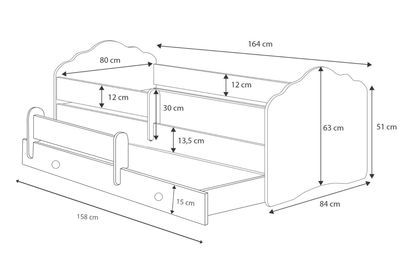 Dětská postel se dvěma lůžky FALA 160 × 80 cm s úložným šuplíkem a ochrannou zábranou – motiv dívka s křídly