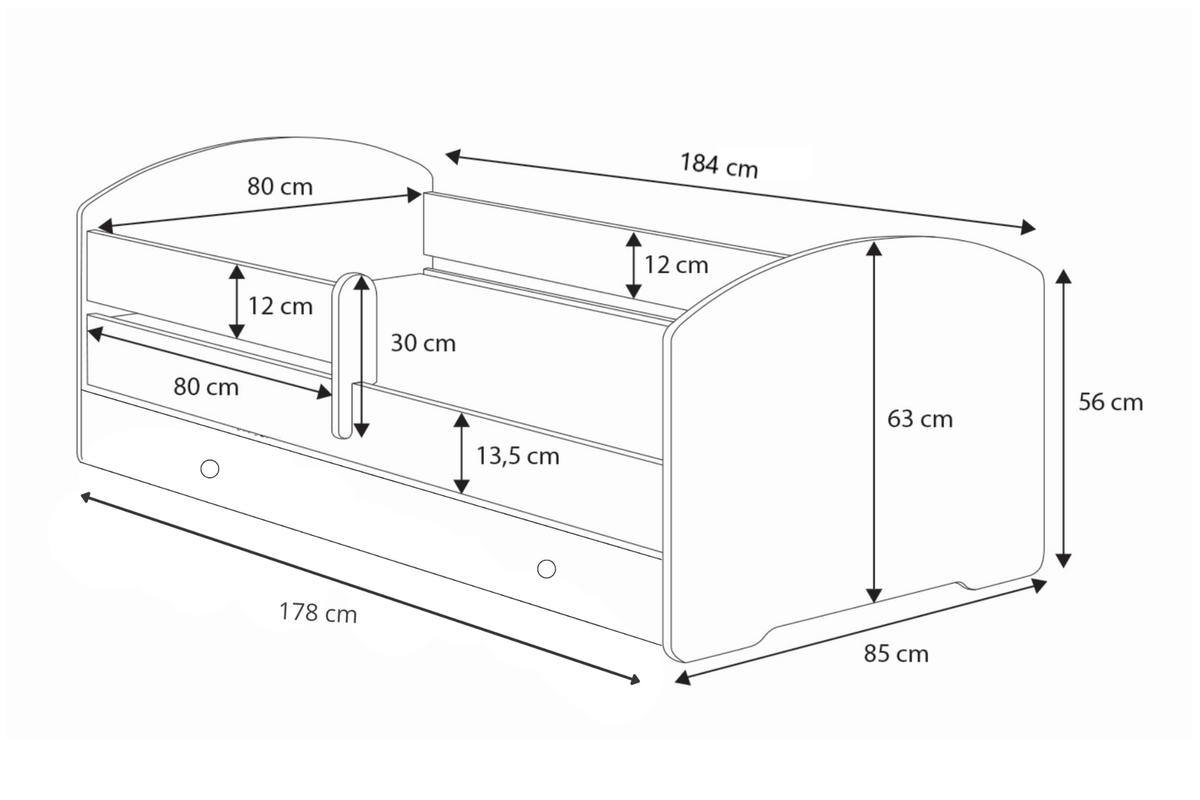 Dětská postel LUK 180 × 80 cm s úložným šuplíkem a ochrannou zábranou