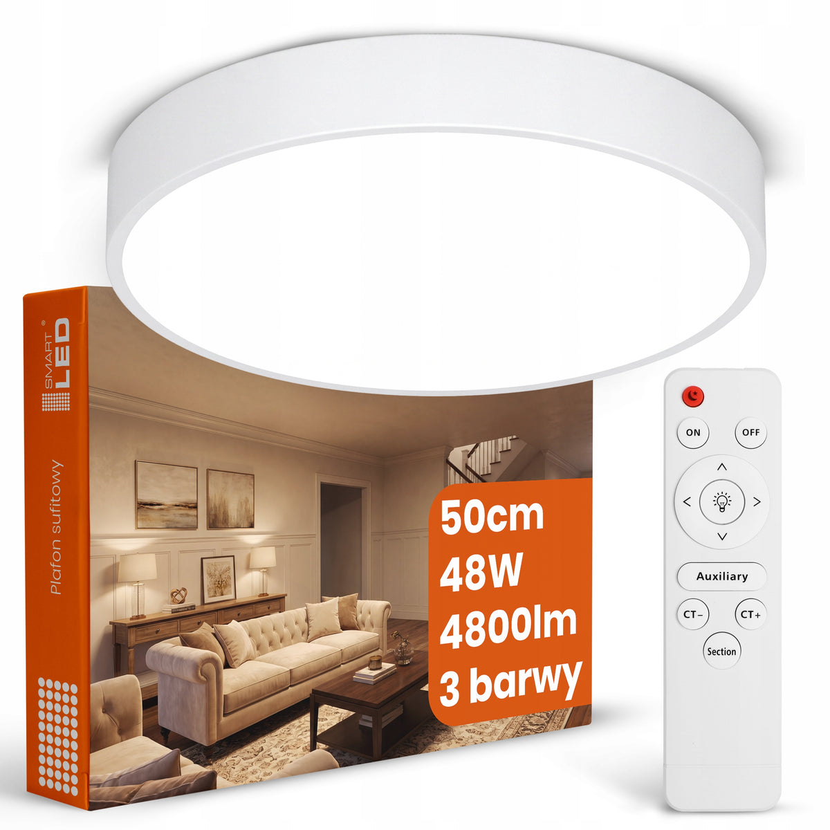 Bílé kulaté stropní LED svítidlo 48 W, 4800 lm, 50 cm, stmívatelné, CCT