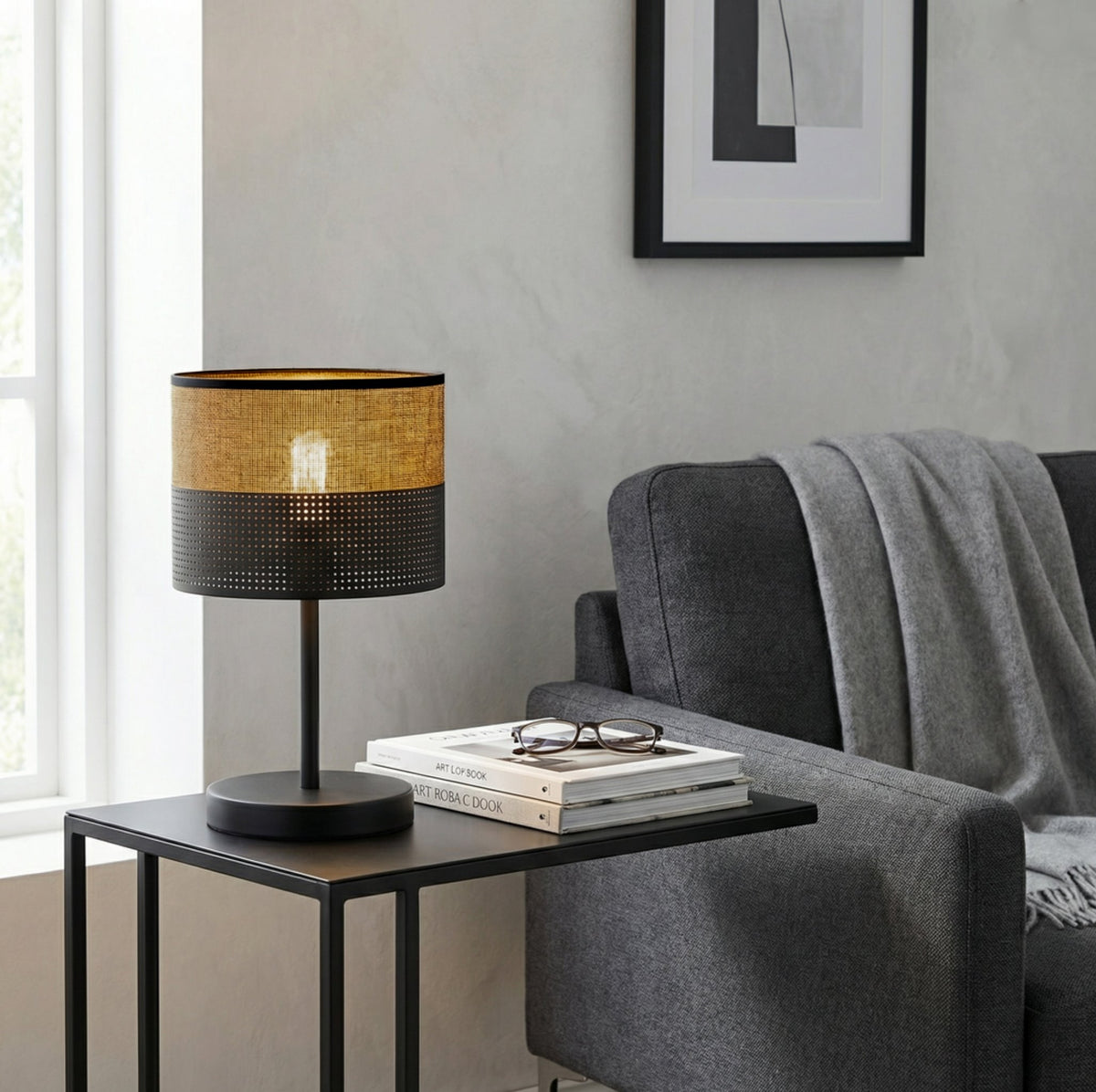 Stolní lampa KARBON LN1 – černá / hnědá, hnědé textilní stínidlo