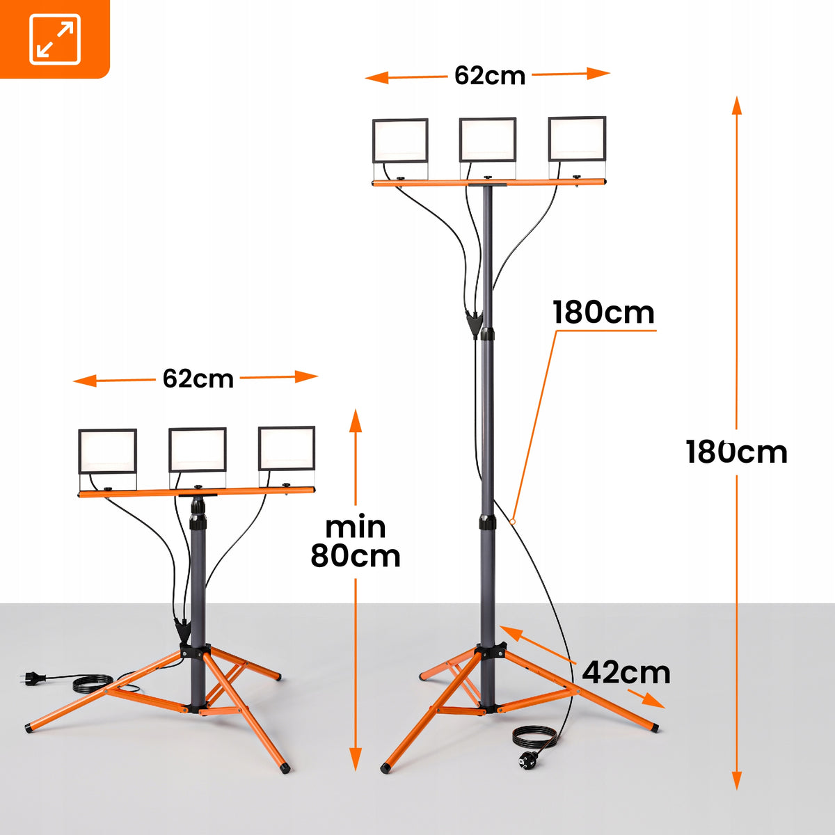 LED pracovní reflektor na stativu 3 × 50 W, 16 500 lm, 4500 K, IP65, výška 180 cm