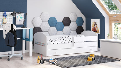 Dětská postel LUK 140 × 70 cm s úložným šuplíkem a ochrannou zábranou – motiv vlak