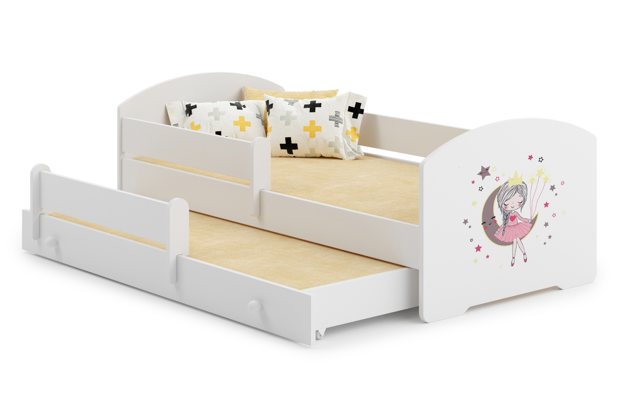 Dětská postel se dvěma lůžky LUK 160 × 80 cm s úložným šuplíkem a ochrannou zábranou – motiv spící princezna