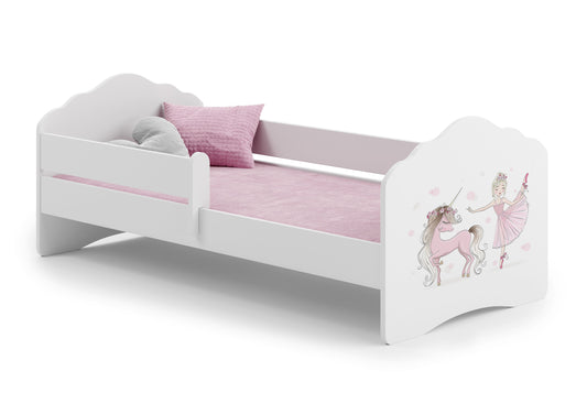 Dětská postel FALA 160 × 80 cm s ochrannou zábranou – motiv dívka s jednorožcem
