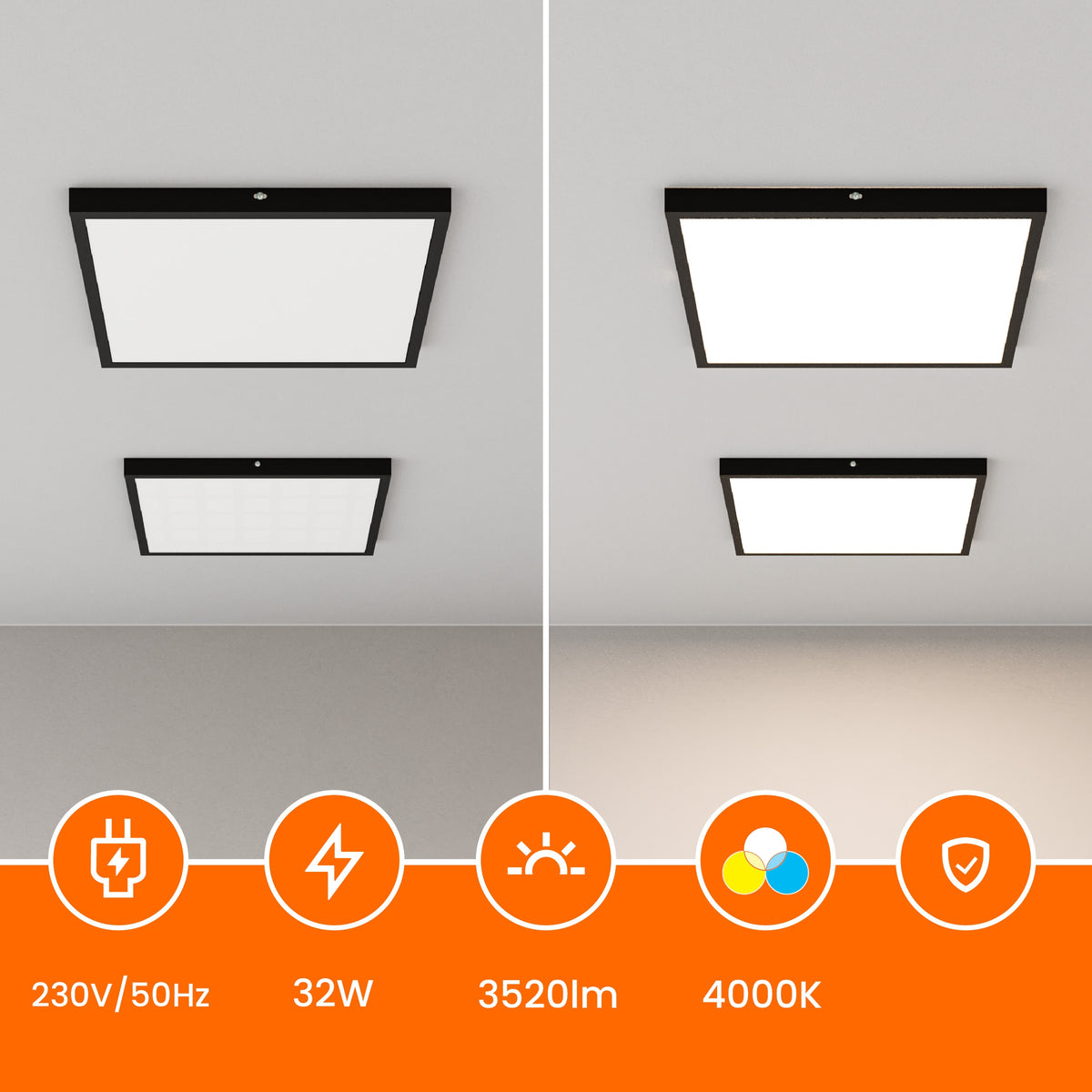 Černé stropní LED svítidlo 32 W, 3520 lm, 4000 K, 40 × 40 cm