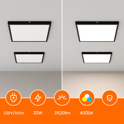 Černé stropní LED svítidlo 32 W, 3520 lm, 4000 K, 40 × 40 cm
